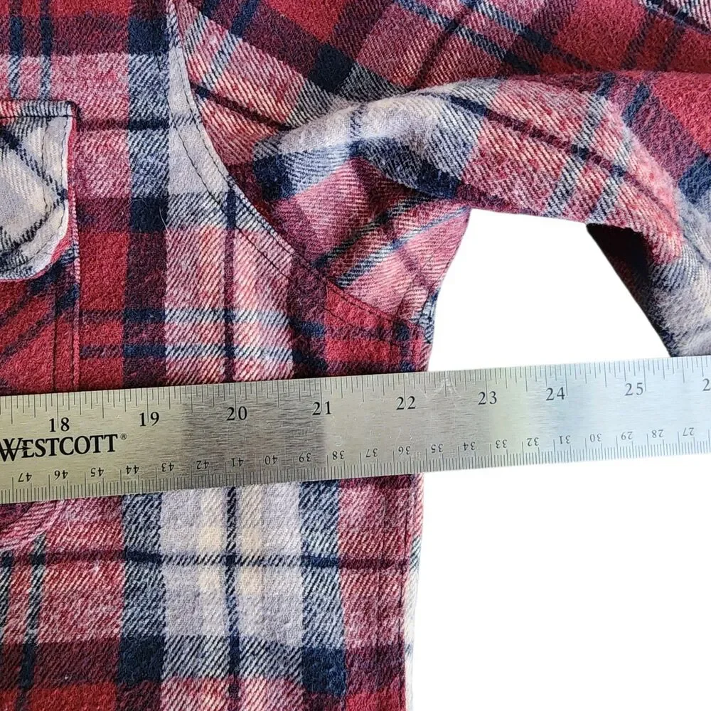 Free Planet Flannel Shirt Jacket with Hood Red Plaid 100% Cotton Mens Size Large
